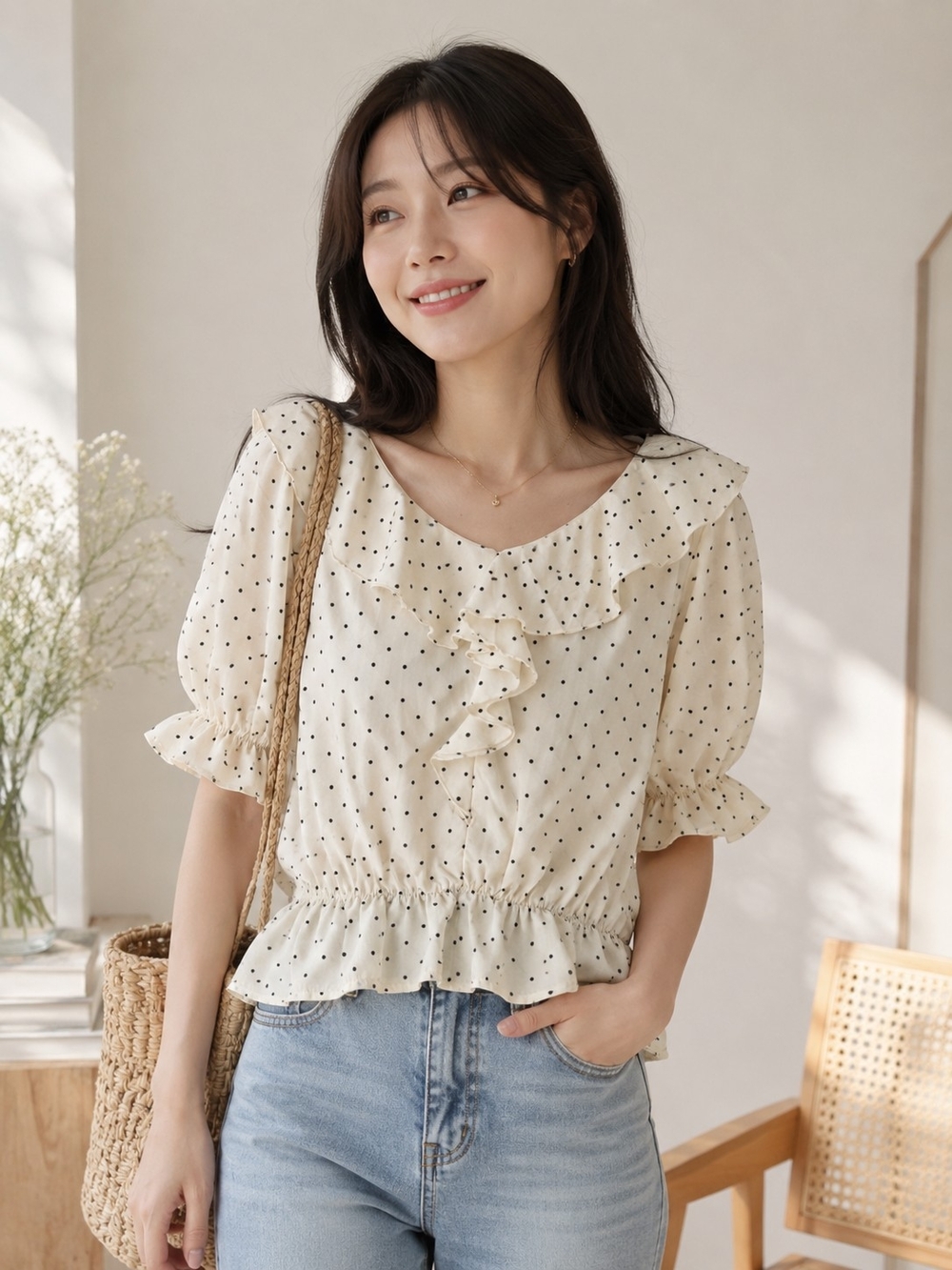 Premium japanese brand polka Dot Ruffle Peplum Top - Cream